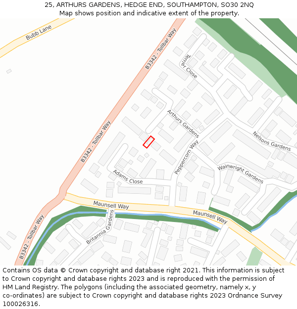 25, ARTHURS GARDENS, HEDGE END, SOUTHAMPTON, SO30 2NQ: Location map and indicative extent of plot