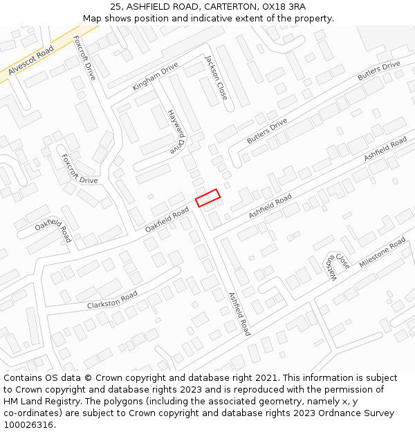 25, ASHFIELD ROAD, CARTERTON, OX18 3RA: Location map and indicative extent of plot