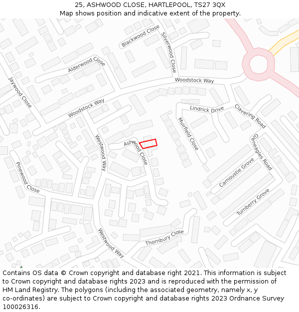 25, ASHWOOD CLOSE, HARTLEPOOL, TS27 3QX: Location map and indicative extent of plot