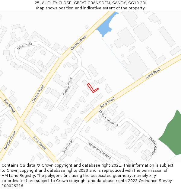 25, AUDLEY CLOSE, GREAT GRANSDEN, SANDY, SG19 3RL: Location map and indicative extent of plot