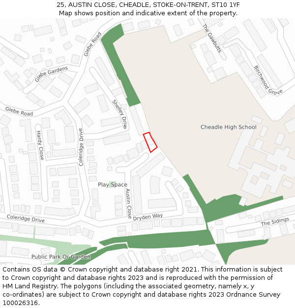 25, AUSTIN CLOSE, CHEADLE, STOKE-ON-TRENT, ST10 1YF: Location map and indicative extent of plot