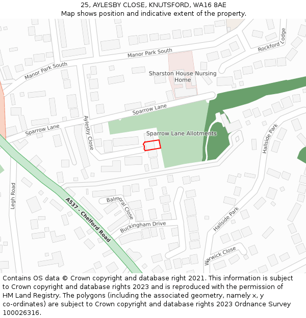 25, AYLESBY CLOSE, KNUTSFORD, WA16 8AE: Location map and indicative extent of plot