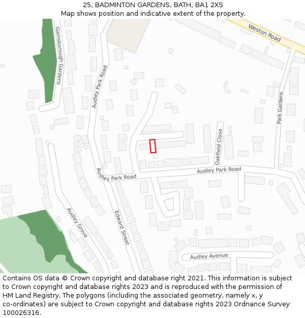 25, BADMINTON GARDENS, BATH, BA1 2XS: Location map and indicative extent of plot