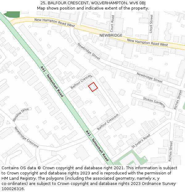 25, BALFOUR CRESCENT, WOLVERHAMPTON, WV6 0BJ: Location map and indicative extent of plot