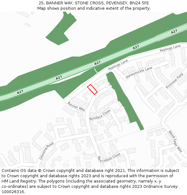 25, BANNER WAY, STONE CROSS, PEVENSEY, BN24 5FE: Location map and indicative extent of plot