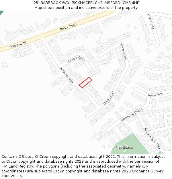 25, BARBROOK WAY, BICKNACRE, CHELMSFORD, CM3 4HP: Location map and indicative extent of plot