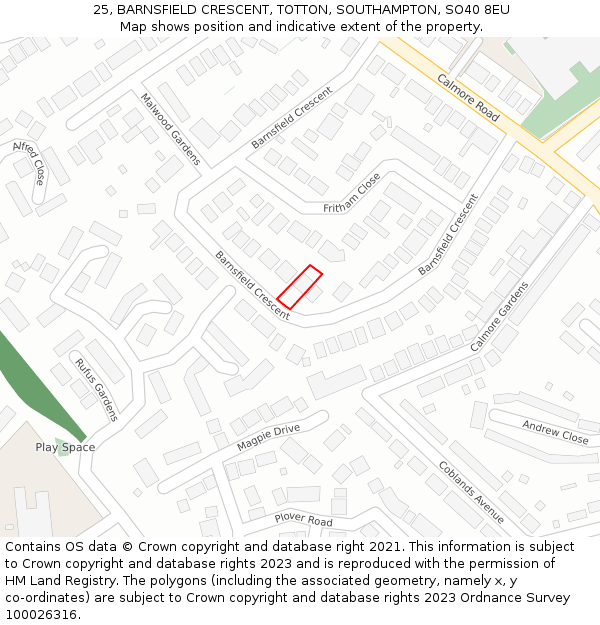 25, BARNSFIELD CRESCENT, TOTTON, SOUTHAMPTON, SO40 8EU: Location map and indicative extent of plot