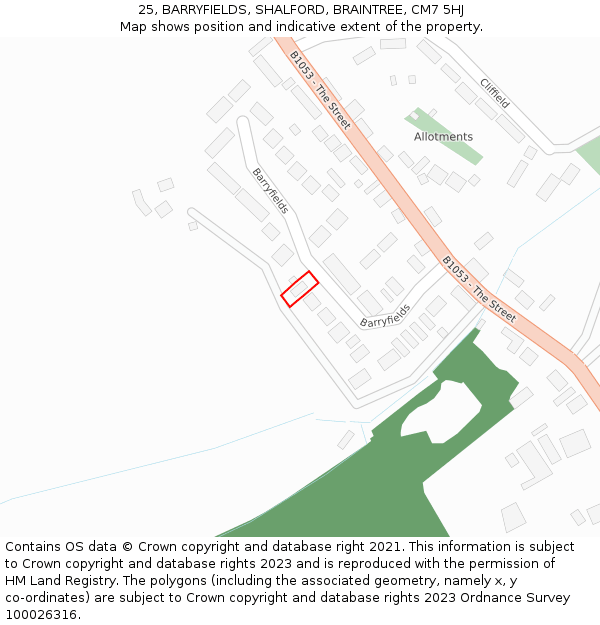25, BARRYFIELDS, SHALFORD, BRAINTREE, CM7 5HJ: Location map and indicative extent of plot