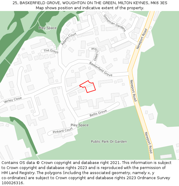 25, BASKERFIELD GROVE, WOUGHTON ON THE GREEN, MILTON KEYNES, MK6 3ES: Location map and indicative extent of plot