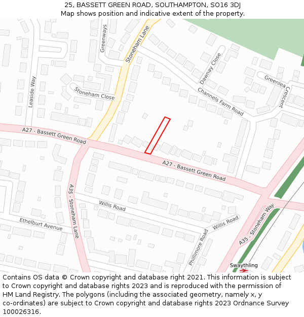 25, BASSETT GREEN ROAD, SOUTHAMPTON, SO16 3DJ: Location map and indicative extent of plot