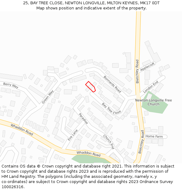 25, BAY TREE CLOSE, NEWTON LONGVILLE, MILTON KEYNES, MK17 0DT: Location map and indicative extent of plot