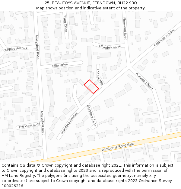 25, BEAUFOYS AVENUE, FERNDOWN, BH22 9RQ: Location map and indicative extent of plot