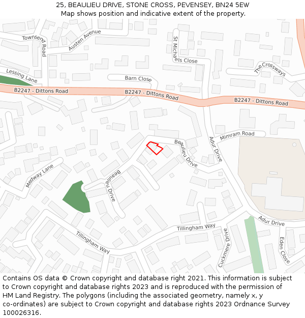 25, BEAULIEU DRIVE, STONE CROSS, PEVENSEY, BN24 5EW: Location map and indicative extent of plot