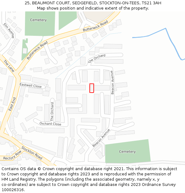 25, BEAUMONT COURT, SEDGEFIELD, STOCKTON-ON-TEES, TS21 3AH: Location map and indicative extent of plot