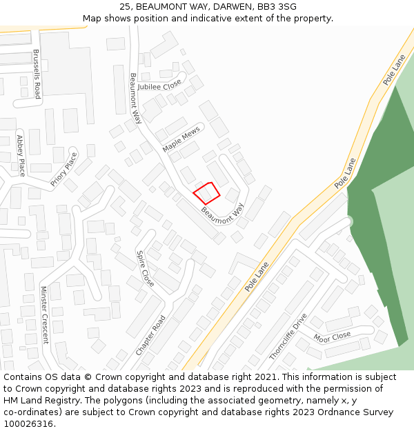 25, BEAUMONT WAY, DARWEN, BB3 3SG: Location map and indicative extent of plot