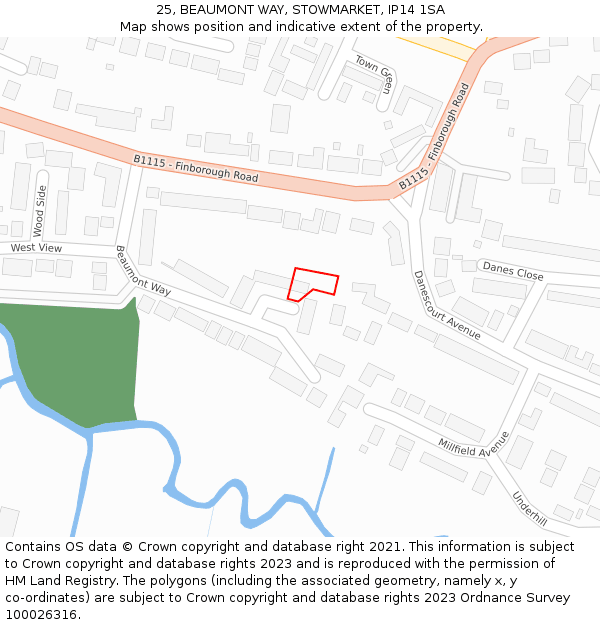 25, BEAUMONT WAY, STOWMARKET, IP14 1SA: Location map and indicative extent of plot