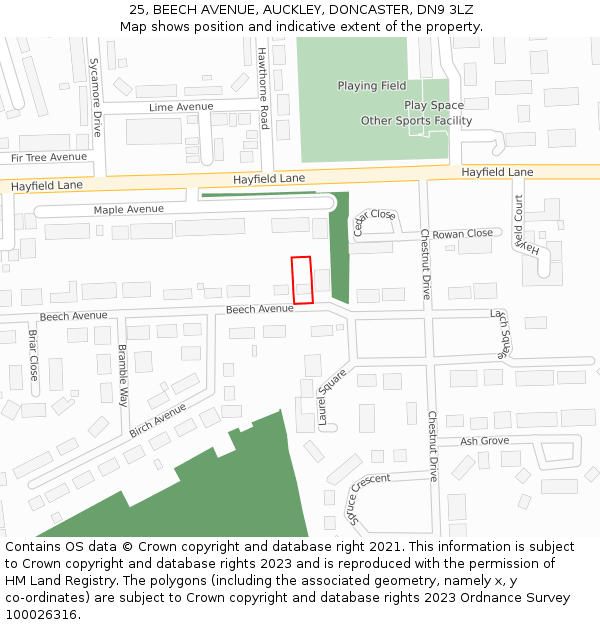 25, BEECH AVENUE, AUCKLEY, DONCASTER, DN9 3LZ: Location map and indicative extent of plot