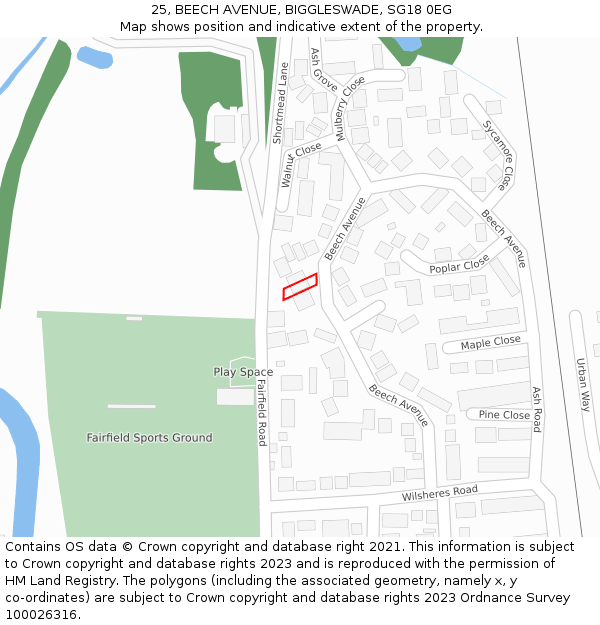 25, BEECH AVENUE, BIGGLESWADE, SG18 0EG: Location map and indicative extent of plot