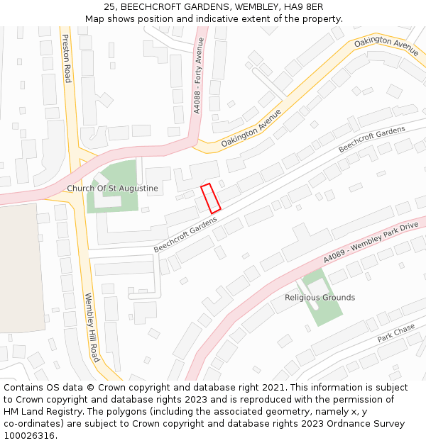 25, BEECHCROFT GARDENS, WEMBLEY, HA9 8ER: Location map and indicative extent of plot