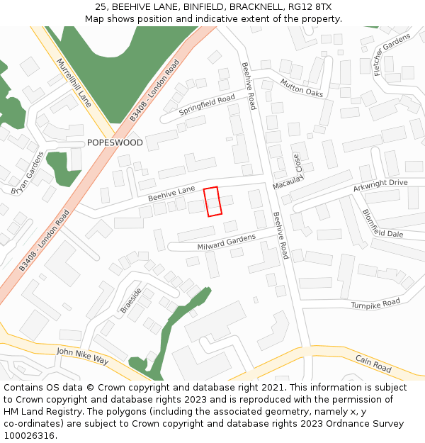 25, BEEHIVE LANE, BINFIELD, BRACKNELL, RG12 8TX: Location map and indicative extent of plot