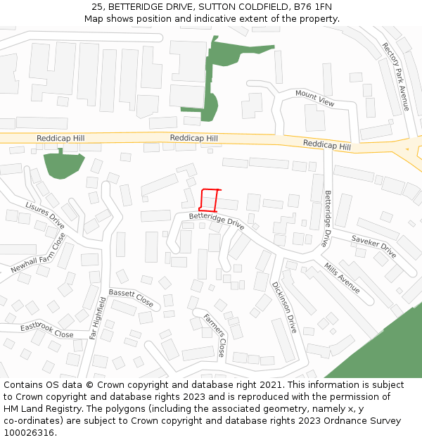 25, BETTERIDGE DRIVE, SUTTON COLDFIELD, B76 1FN: Location map and indicative extent of plot
