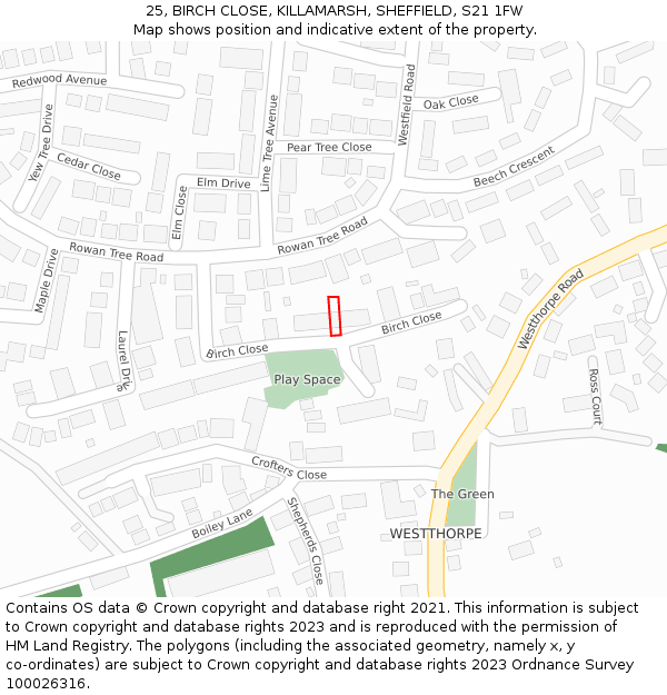 25, BIRCH CLOSE, KILLAMARSH, SHEFFIELD, S21 1FW: Location map and indicative extent of plot