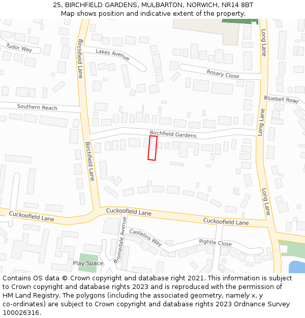 25, BIRCHFIELD GARDENS, MULBARTON, NORWICH, NR14 8BT: Location map and indicative extent of plot