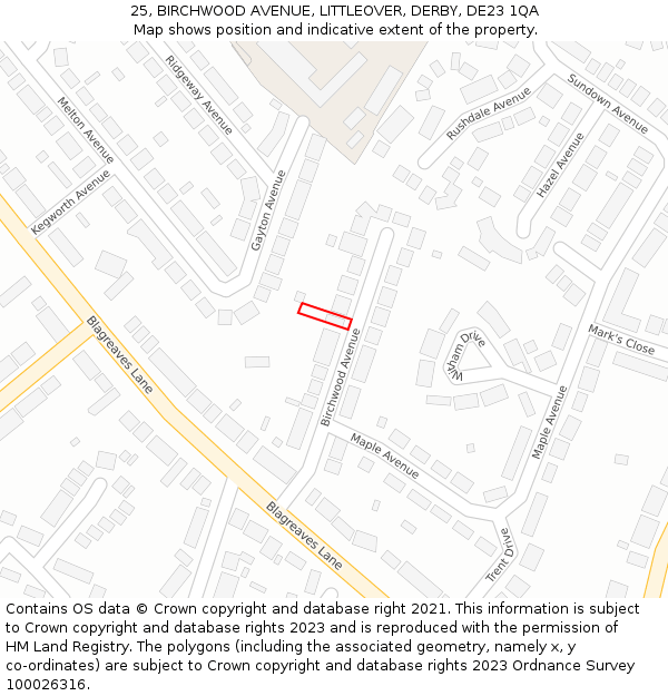25, BIRCHWOOD AVENUE, LITTLEOVER, DERBY, DE23 1QA: Location map and indicative extent of plot