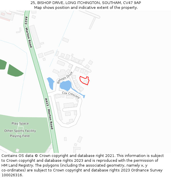 25, BISHOP DRIVE, LONG ITCHINGTON, SOUTHAM, CV47 9AP: Location map and indicative extent of plot