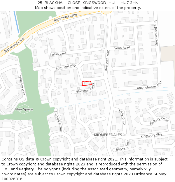 25, BLACKHALL CLOSE, KINGSWOOD, HULL, HU7 3HN: Location map and indicative extent of plot