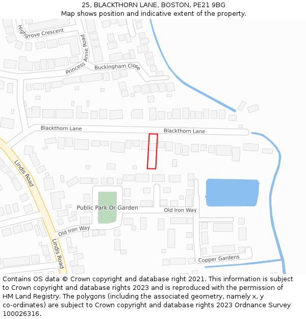 25, BLACKTHORN LANE, BOSTON, PE21 9BG: Location map and indicative extent of plot