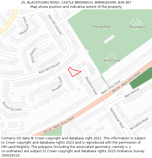 25, BLACKTHORN ROAD, CASTLE BROMWICH, BIRMINGHAM, B36 9ET: Location map and indicative extent of plot