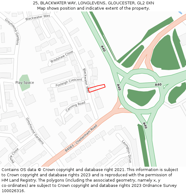 25, BLACKWATER WAY, LONGLEVENS, GLOUCESTER, GL2 0XN: Location map and indicative extent of plot