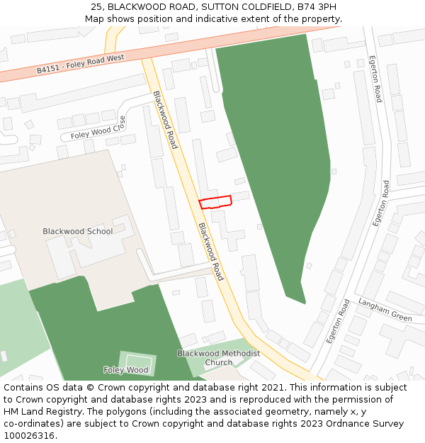 25, BLACKWOOD ROAD, SUTTON COLDFIELD, B74 3PH: Location map and indicative extent of plot