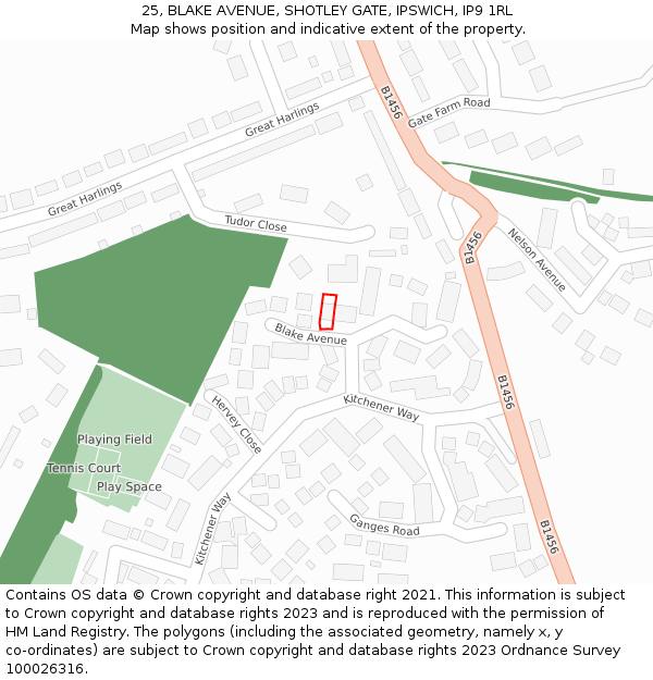 25, BLAKE AVENUE, SHOTLEY GATE, IPSWICH, IP9 1RL: Location map and indicative extent of plot