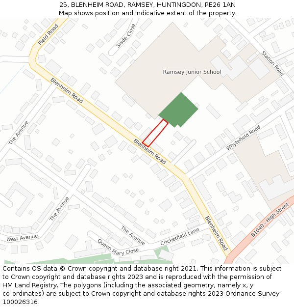 25, BLENHEIM ROAD, RAMSEY, HUNTINGDON, PE26 1AN: Location map and indicative extent of plot