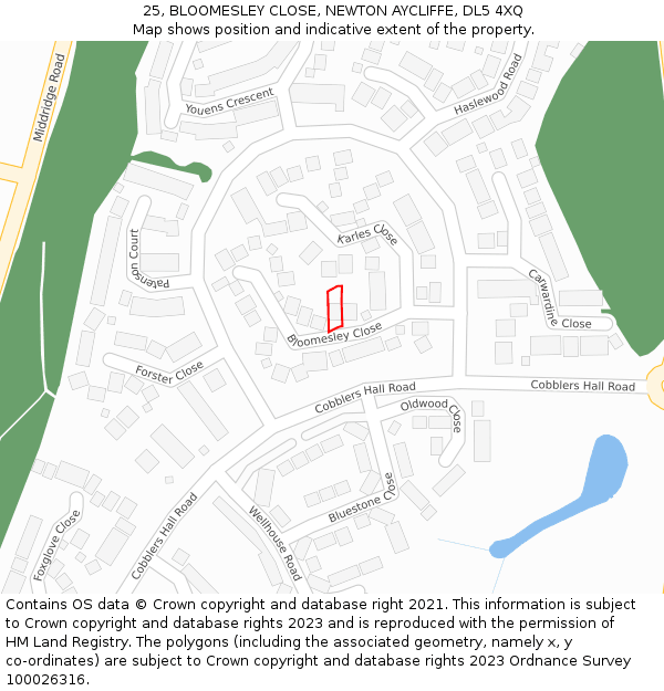 25, BLOOMESLEY CLOSE, NEWTON AYCLIFFE, DL5 4XQ: Location map and indicative extent of plot