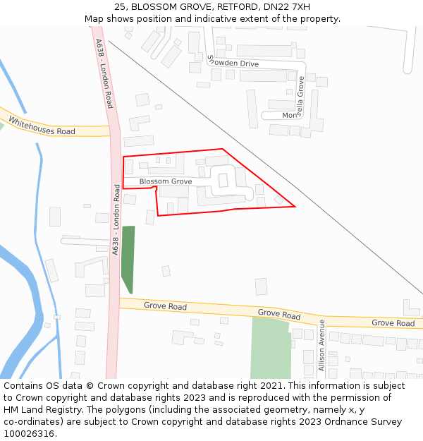 25, BLOSSOM GROVE, RETFORD, DN22 7XH: Location map and indicative extent of plot