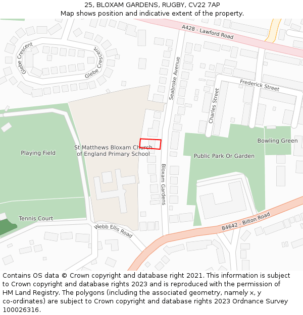 25, BLOXAM GARDENS, RUGBY, CV22 7AP: Location map and indicative extent of plot