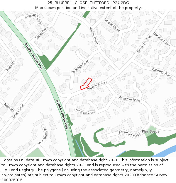 25, BLUEBELL CLOSE, THETFORD, IP24 2DG: Location map and indicative extent of plot