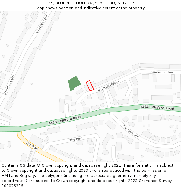 25, BLUEBELL HOLLOW, STAFFORD, ST17 0JP: Location map and indicative extent of plot