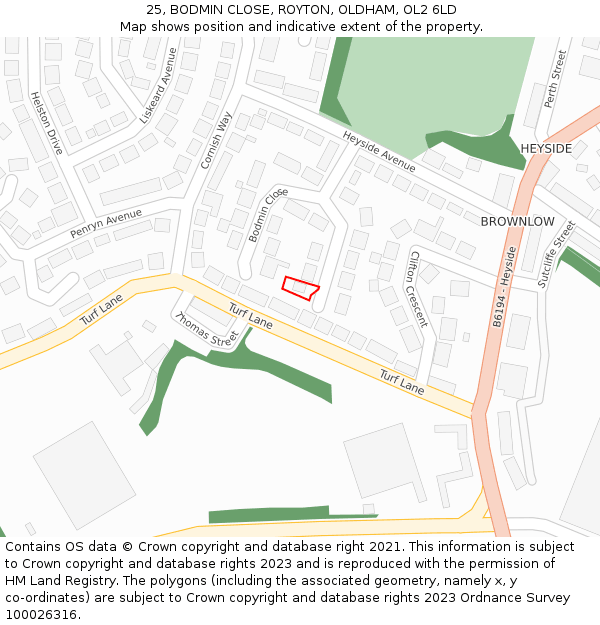 25, BODMIN CLOSE, ROYTON, OLDHAM, OL2 6LD: Location map and indicative extent of plot