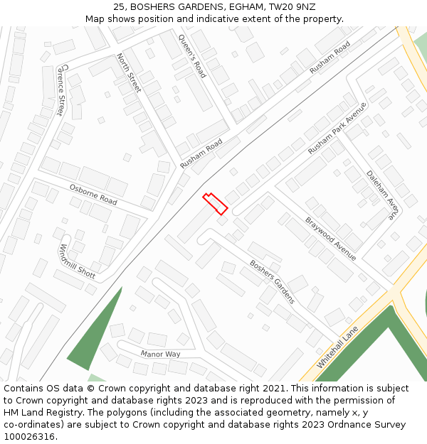 25, BOSHERS GARDENS, EGHAM, TW20 9NZ: Location map and indicative extent of plot