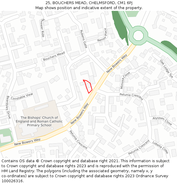 25, BOUCHERS MEAD, CHELMSFORD, CM1 6PJ: Location map and indicative extent of plot
