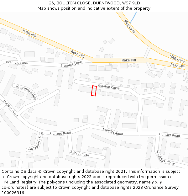 25, BOULTON CLOSE, BURNTWOOD, WS7 9LD: Location map and indicative extent of plot