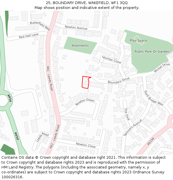 25, BOUNDARY DRIVE, WAKEFIELD, WF1 3QQ: Location map and indicative extent of plot