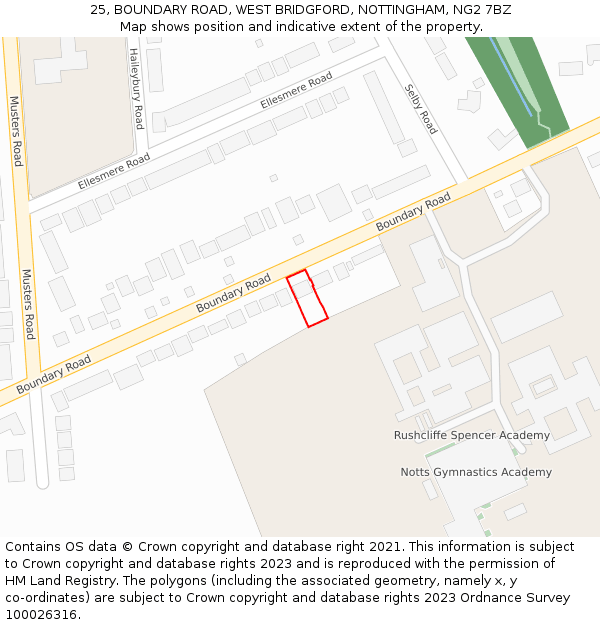 25, BOUNDARY ROAD, WEST BRIDGFORD, NOTTINGHAM, NG2 7BZ: Location map and indicative extent of plot