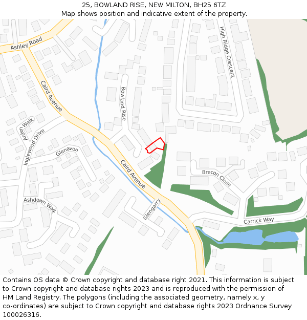 25, BOWLAND RISE, NEW MILTON, BH25 6TZ: Location map and indicative extent of plot