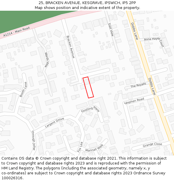 25, BRACKEN AVENUE, KESGRAVE, IPSWICH, IP5 2PP: Location map and indicative extent of plot