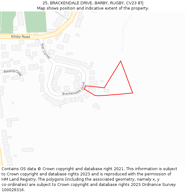 25, BRACKENDALE DRIVE, BARBY, RUGBY, CV23 8TJ: Location map and indicative extent of plot